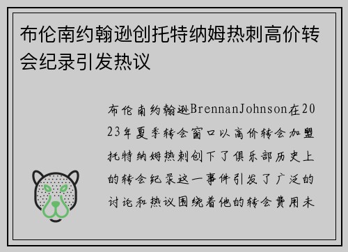 布伦南约翰逊创托特纳姆热刺高价转会纪录引发热议