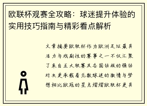 欧联杯观赛全攻略：球迷提升体验的实用技巧指南与精彩看点解析